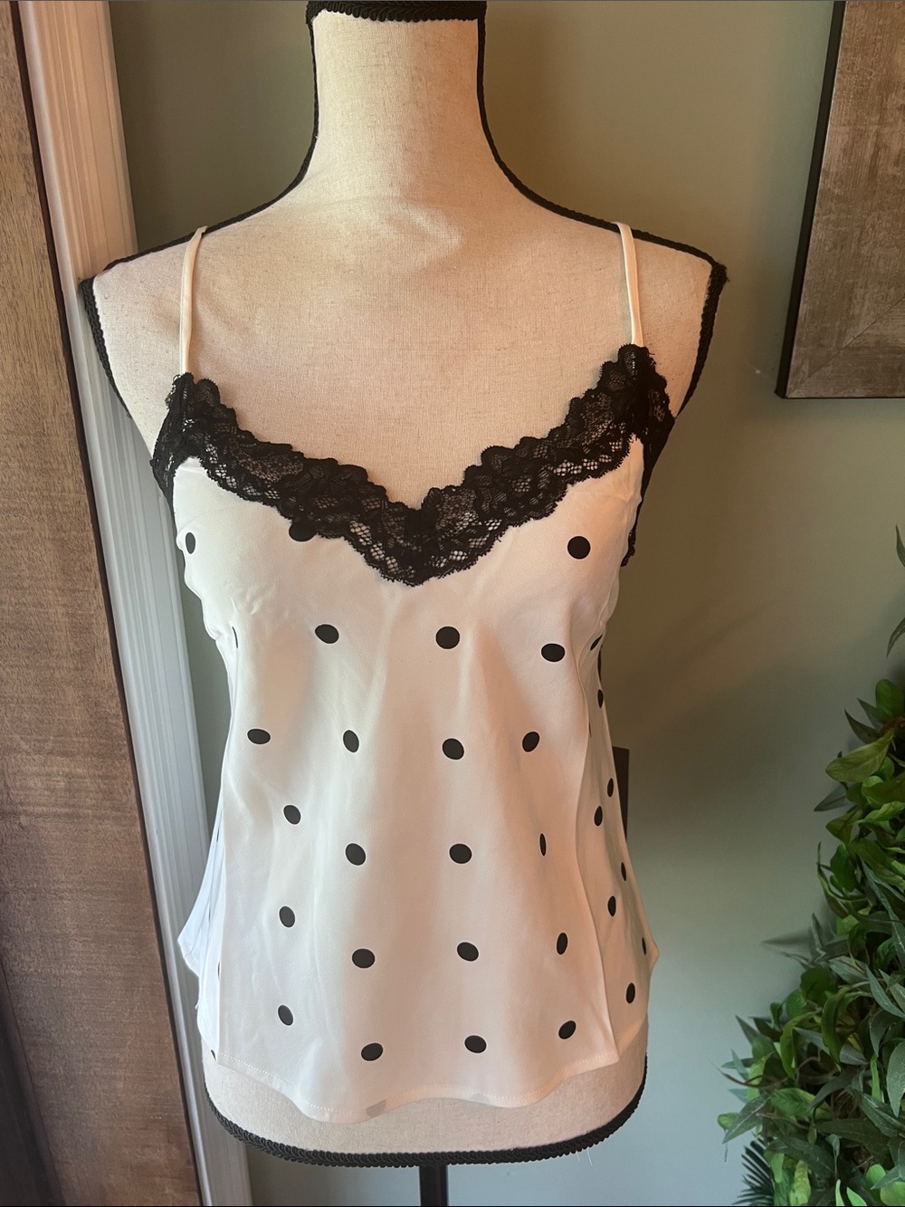 Sans Souci Black & White Polka Dot Lace Trim Cami